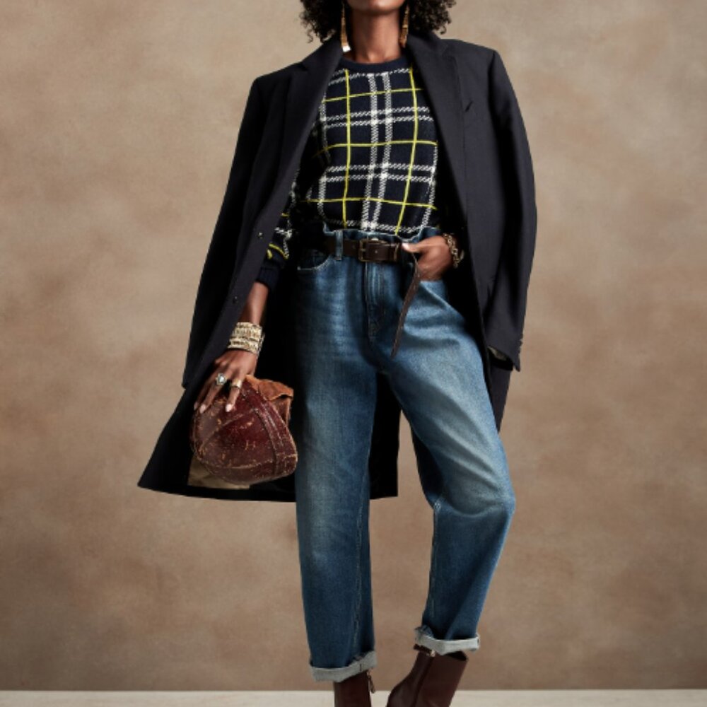Banana republic aire navy plaid puff sleeve sweater NYT size S